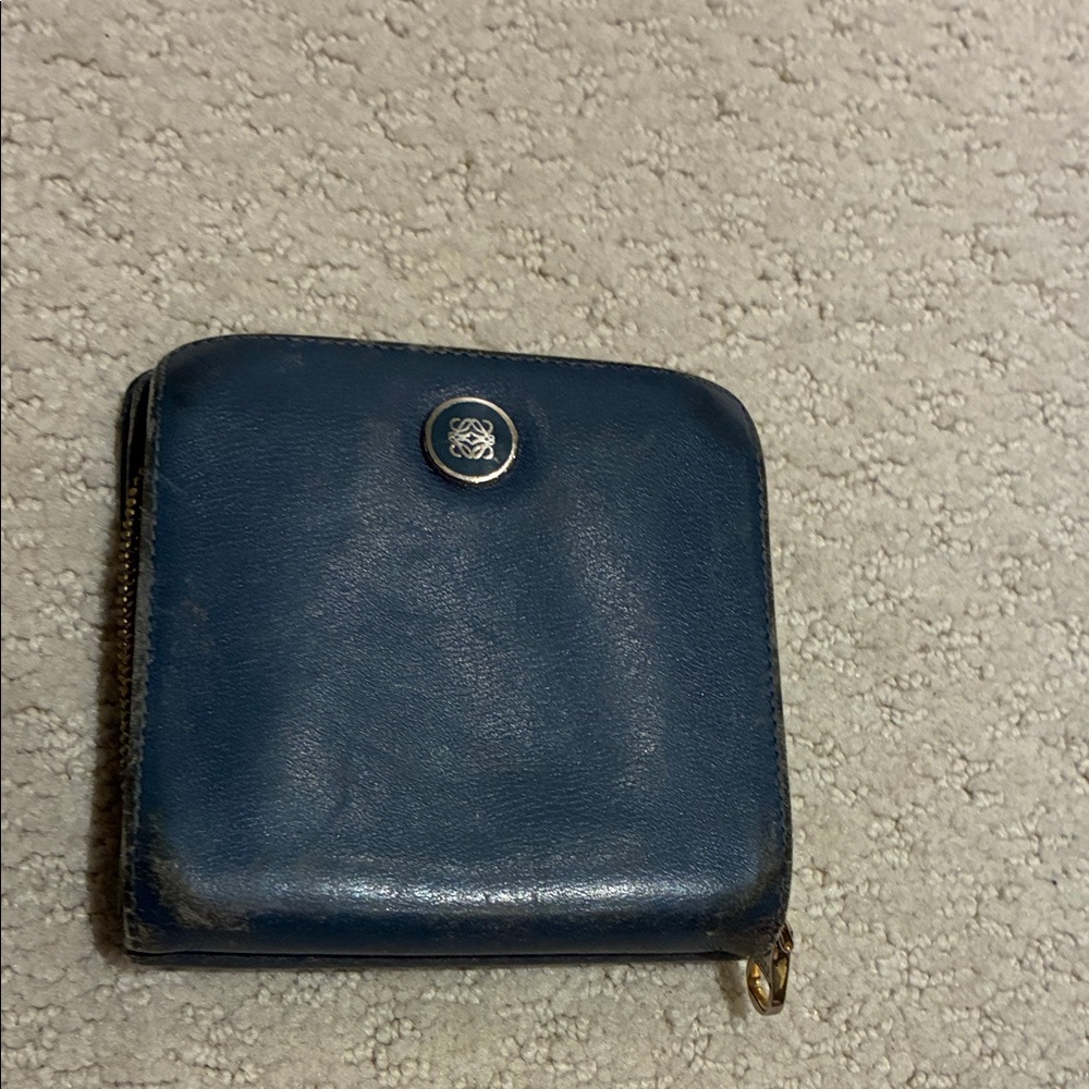 Blue Leather Zip-Around Wallet with Logo Accent